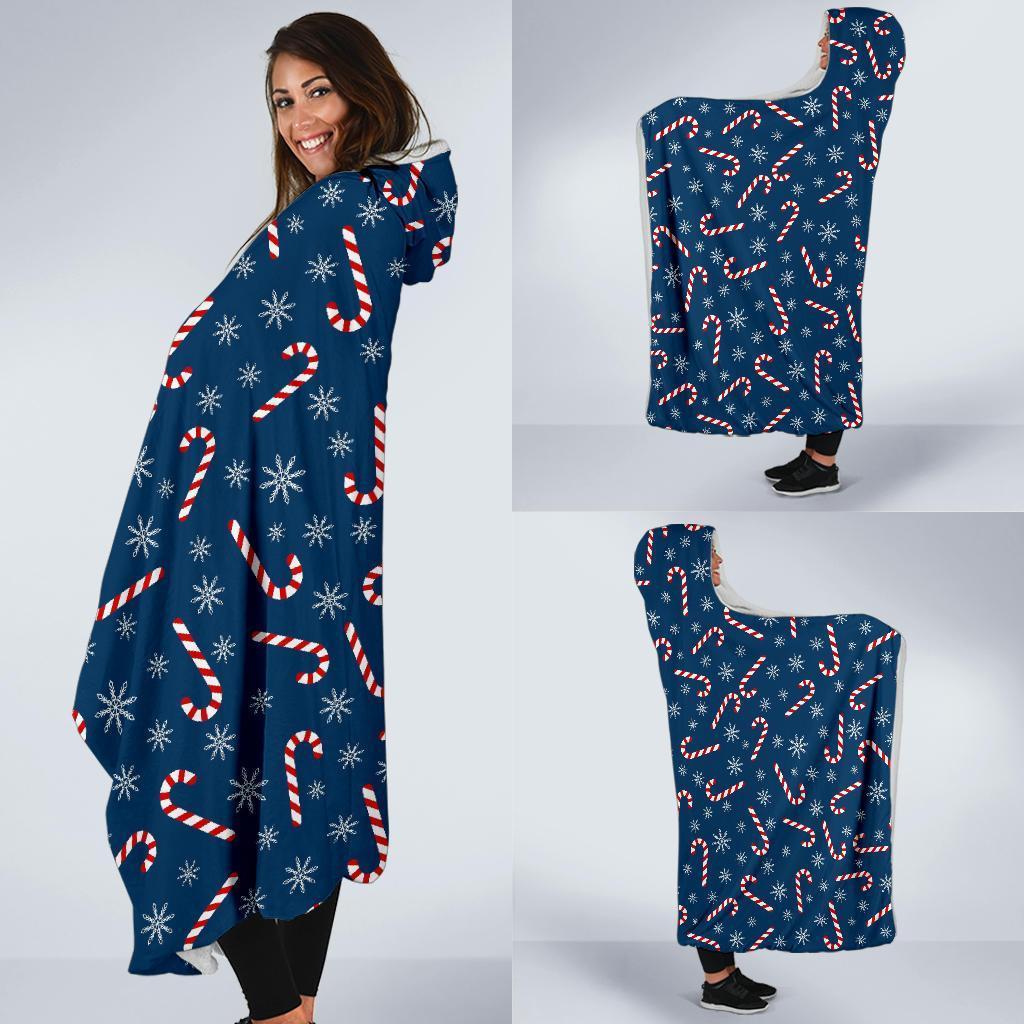 Snowflake Candy Cane Pattern Print Hooded Blanket-grizzshop