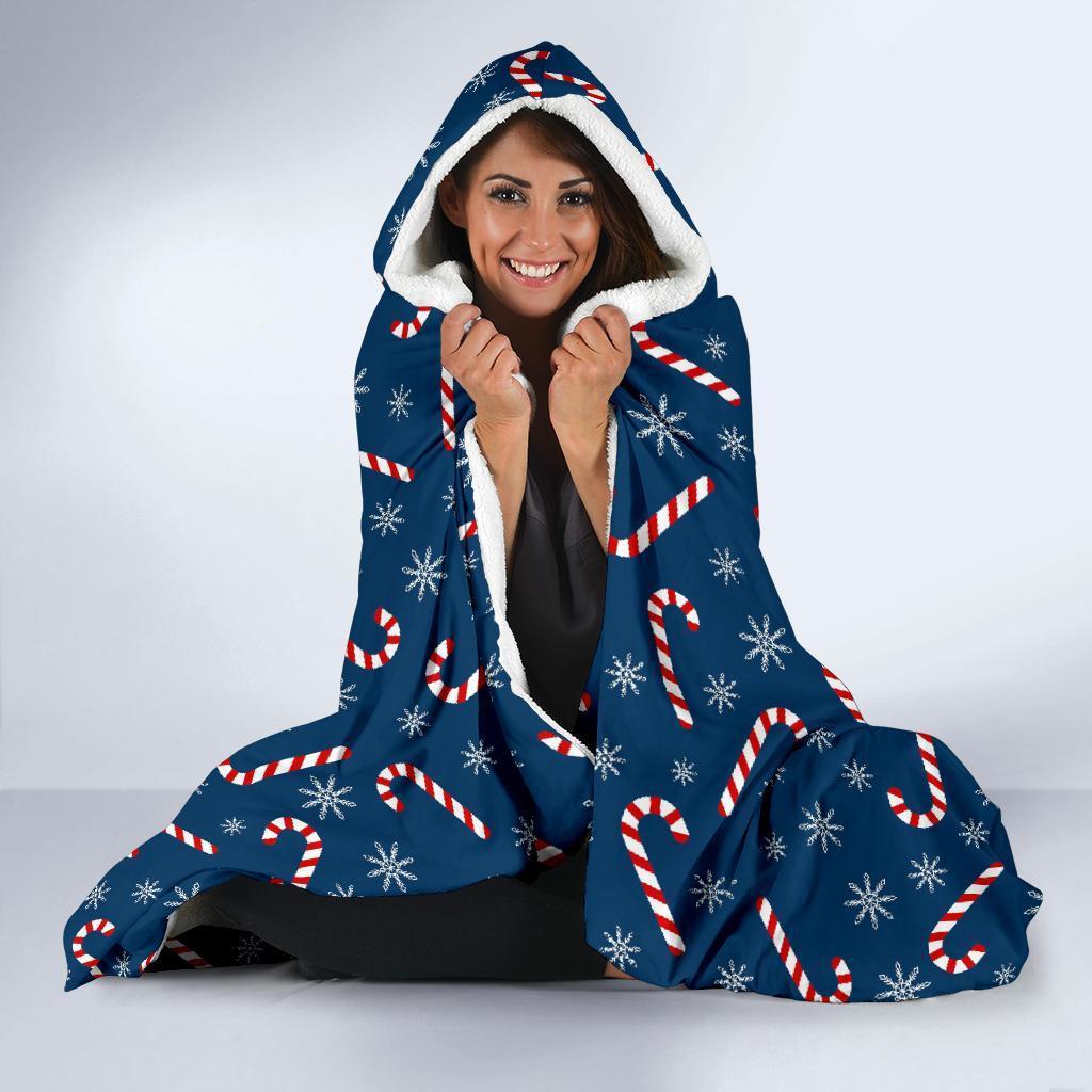 Snowflake Candy Cane Pattern Print Hooded Blanket-grizzshop