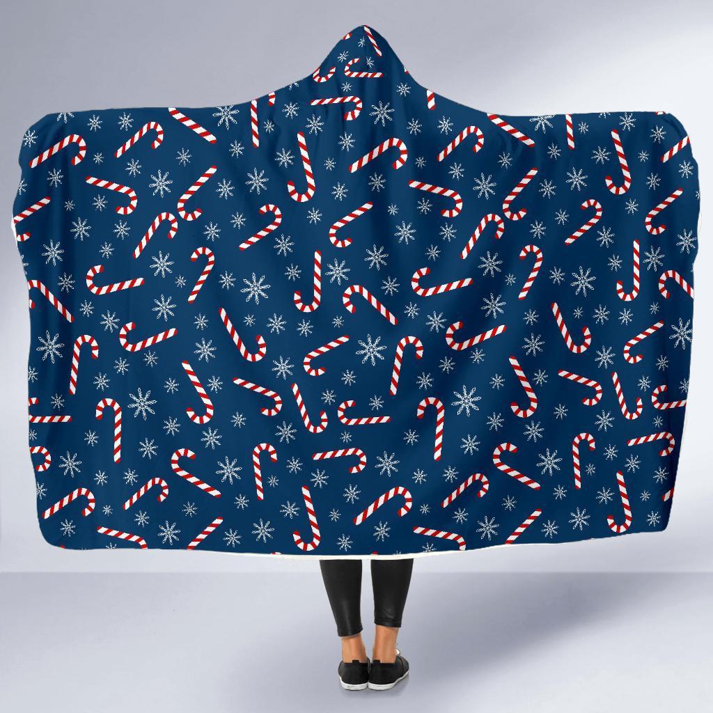 Snowflake Candy Cane Pattern Print Hooded Blanket-grizzshop