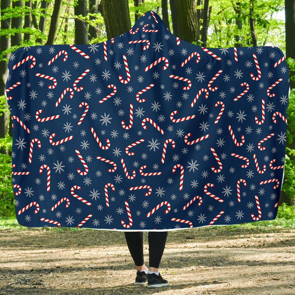 Snowflake Candy Cane Pattern Print Hooded Blanket-grizzshop