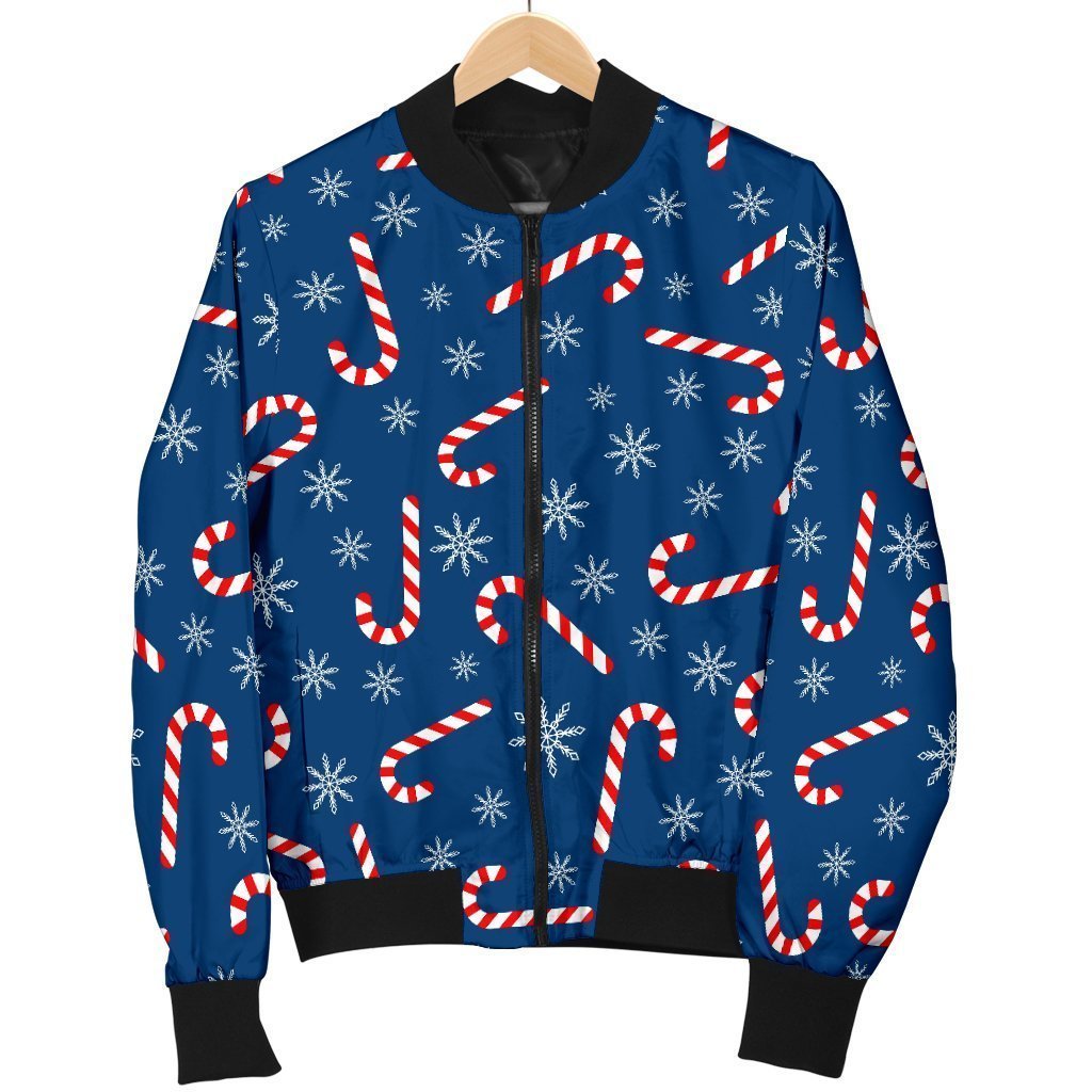 Snowflake Candy Cane Pattern Print Men's Bomber Jacket-grizzshop