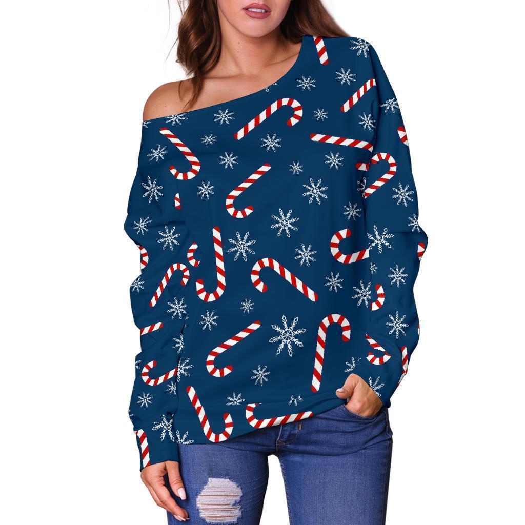 Snowflake Candy Cane Pattern Print Women Off Shoulder Sweatshirt-grizzshop