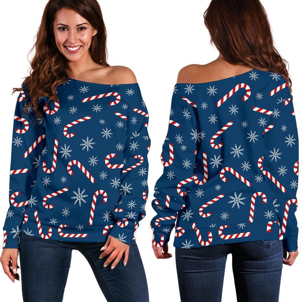 Snowflake Candy Cane Pattern Print Women Off Shoulder Sweatshirt-grizzshop