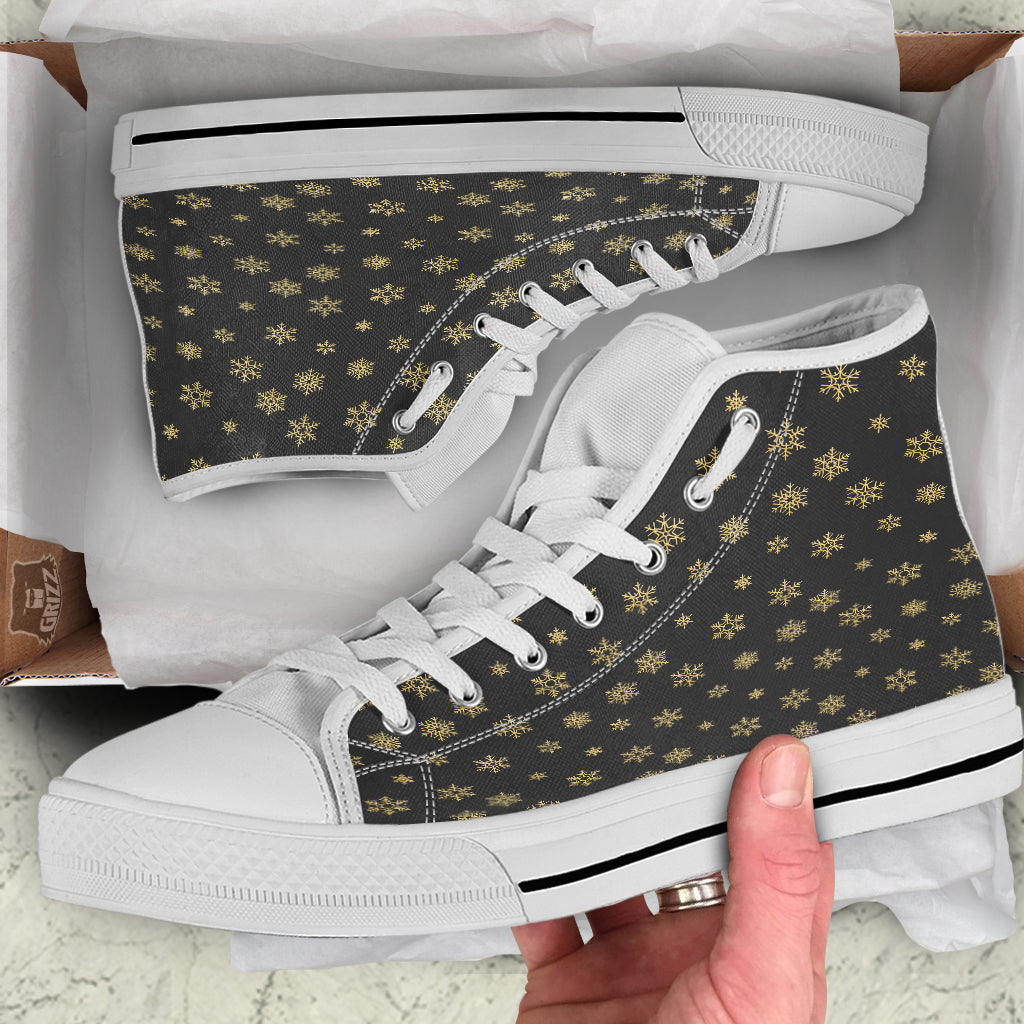 Snowflake Gold And Black Print Pattern White High Top Shoes-grizzshop