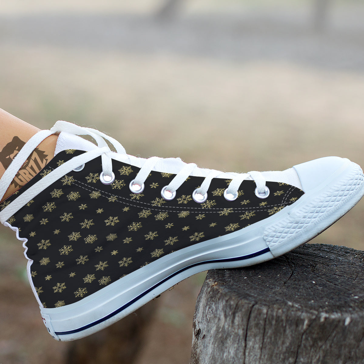 Snowflake Gold And Black Print Pattern White High Top Shoes-grizzshop
