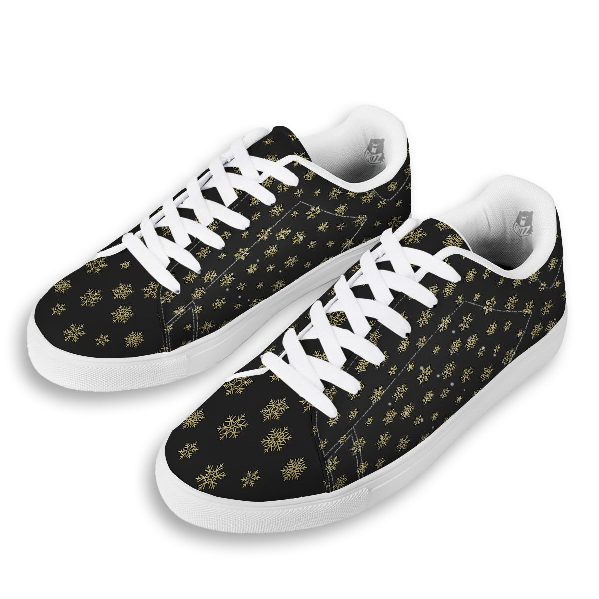 Snowflake Gold And Black Print Pattern White Low Top Sneakers-grizzshop