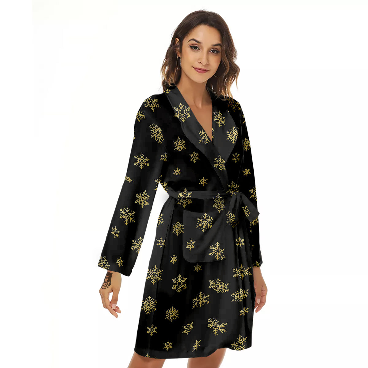 Snowflake Gold And Black Print Pattern Women's Robe-grizzshop