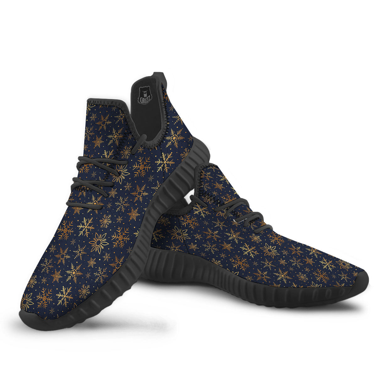 Snowflake Golden Print Black Walking Shoes-grizzshop