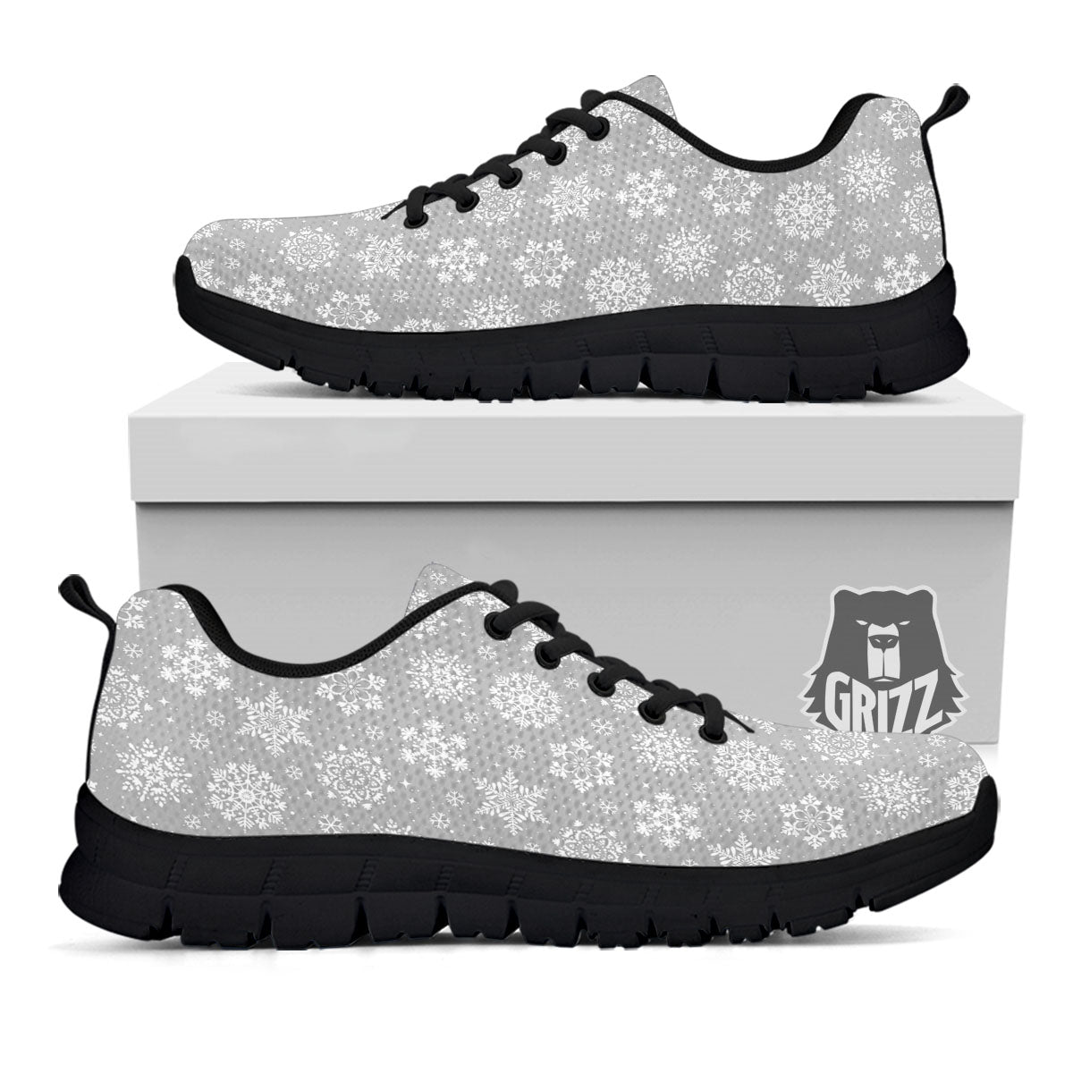 Snowflake Grey And White Print Pattern Black Sneaker-grizzshop