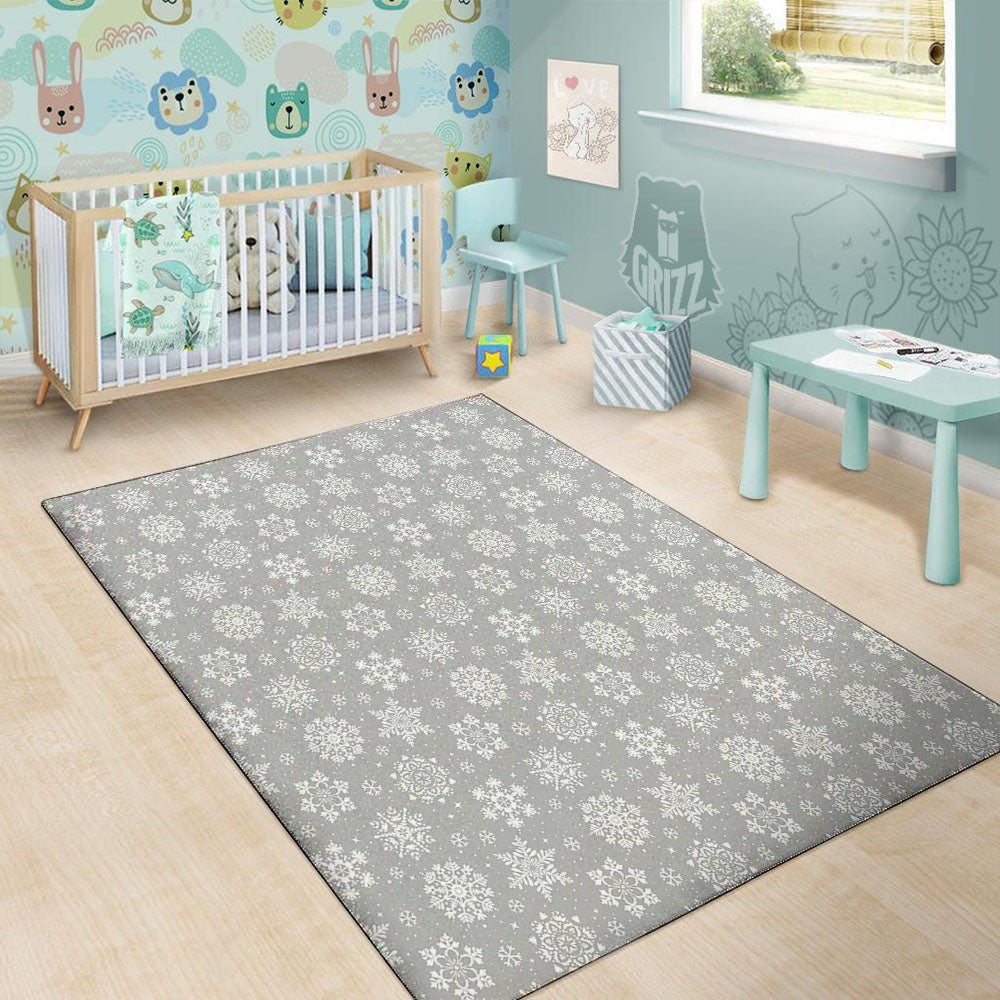 Snowflake Grey And White Print Pattern Floor Mat-grizzshop
