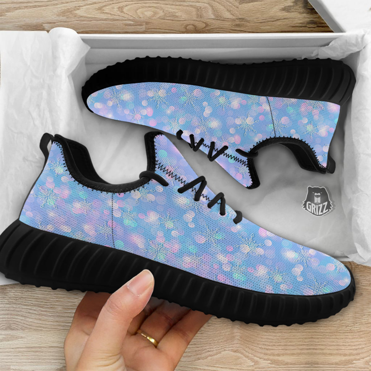 Snowflake Pastel Color Print Pattern Black Walking Shoes-grizzshop