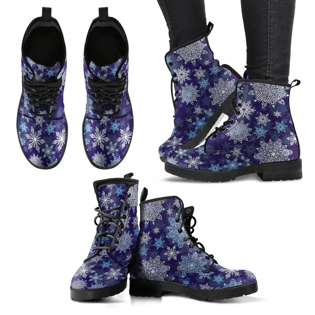 Snowflake Pattern Print Men Women Leather Boots-grizzshop