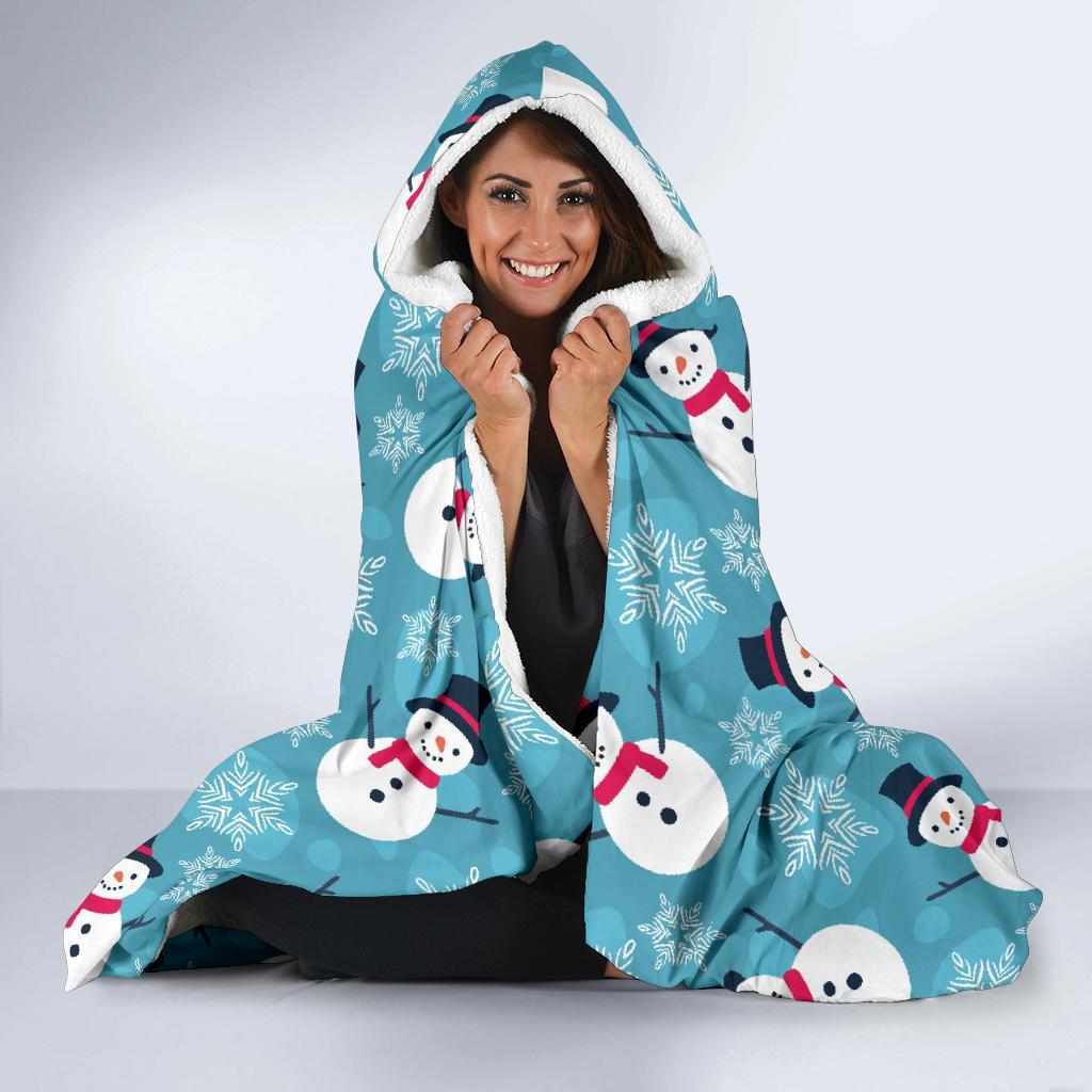 Snowflake Snowman Pattern Print Hooded Blanket-grizzshop