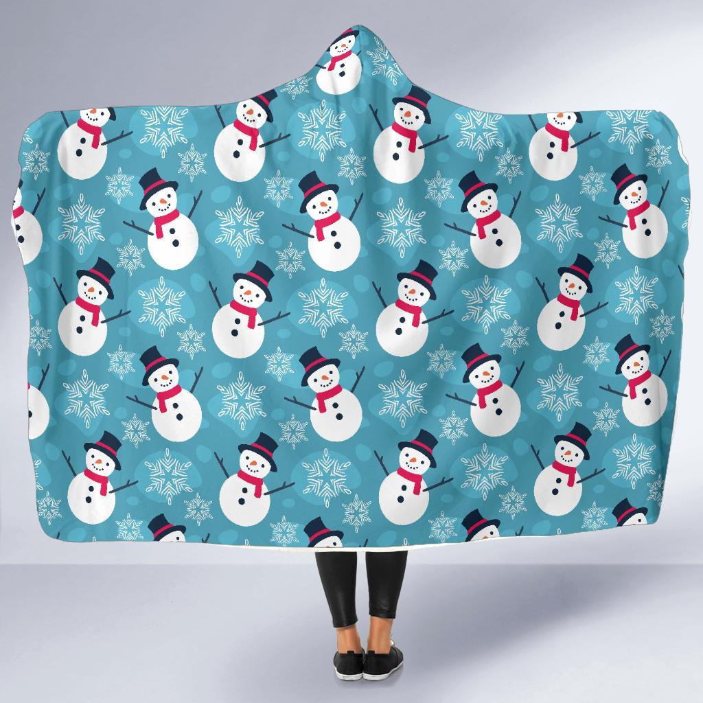 Snowflake Snowman Pattern Print Hooded Blanket-grizzshop