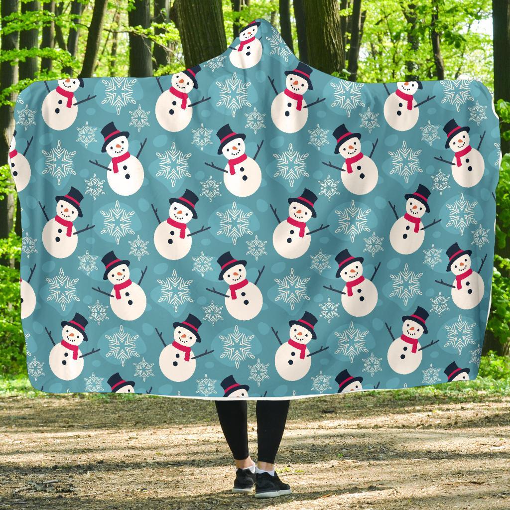 Snowflake Snowman Pattern Print Hooded Blanket-grizzshop