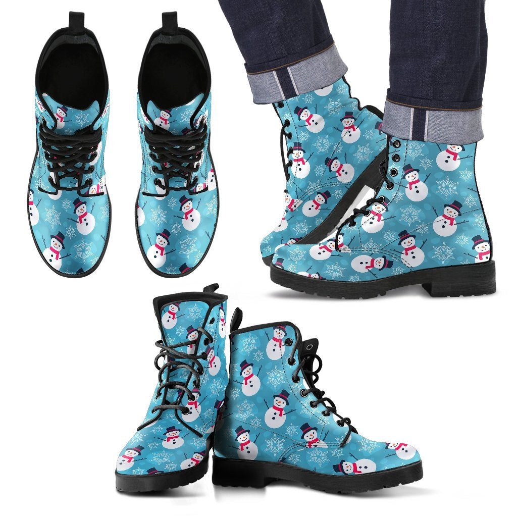 Snowflake Snowman Pattern Print Men Women Leather Boots-grizzshop