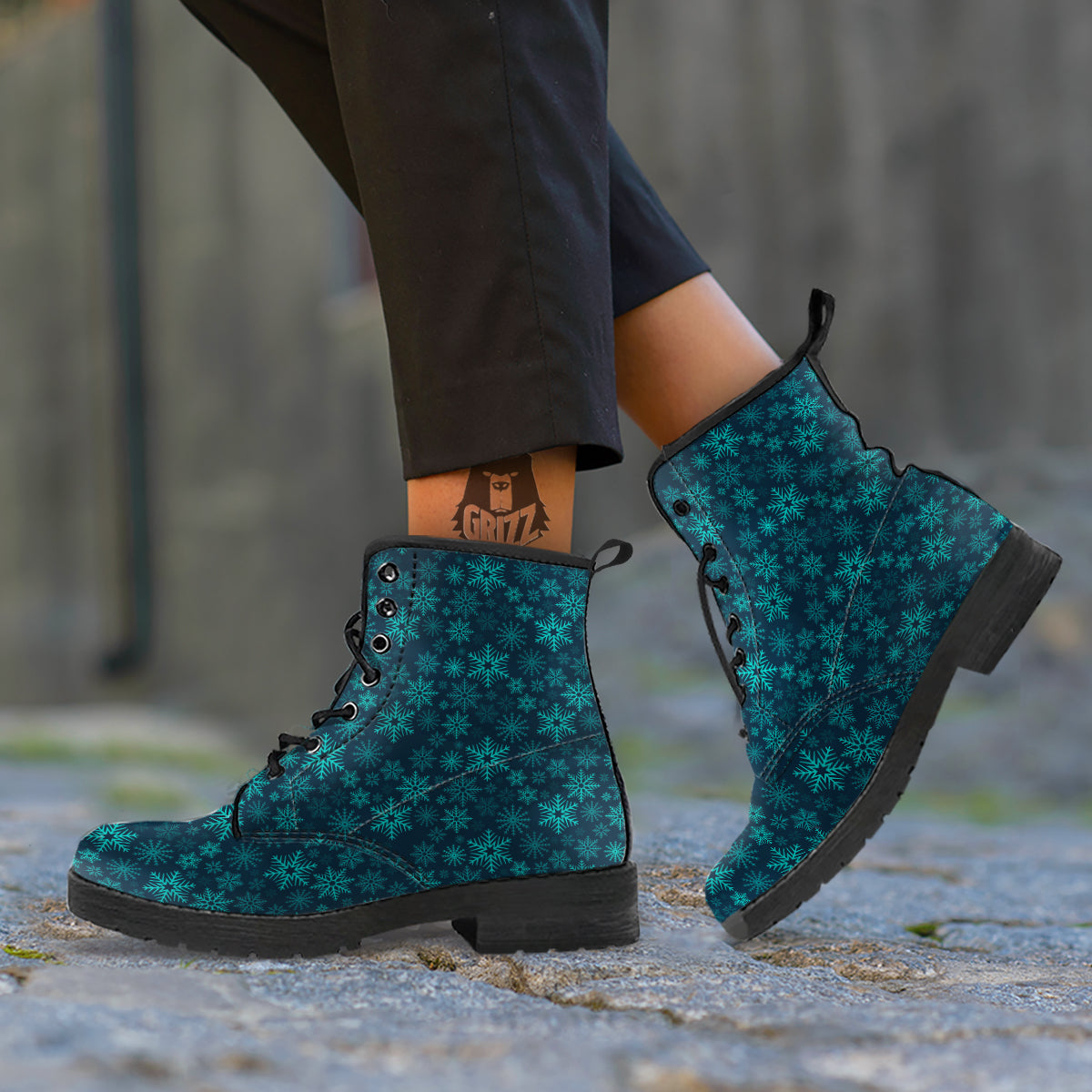 Snowflake Turquoise Print Pattern Leather Boots-grizzshop