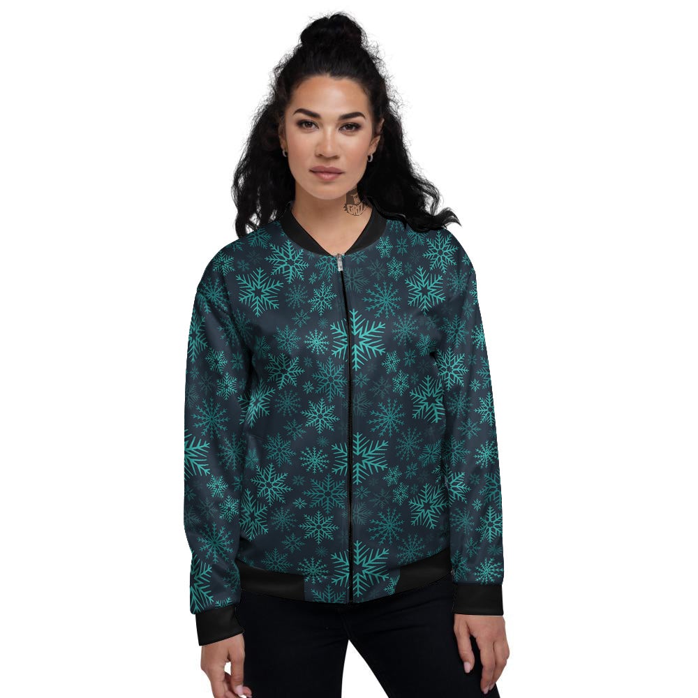 Snowflake Turquoise Print Pattern Women's Bomber Jacket-grizzshop