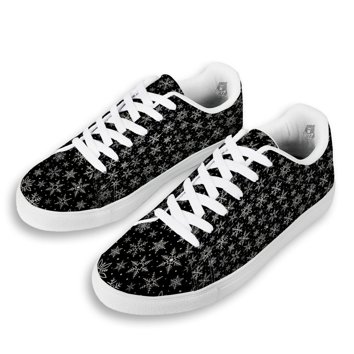 Snowflake White And Black Print Pattern White Low Top Sneakers-grizzshop