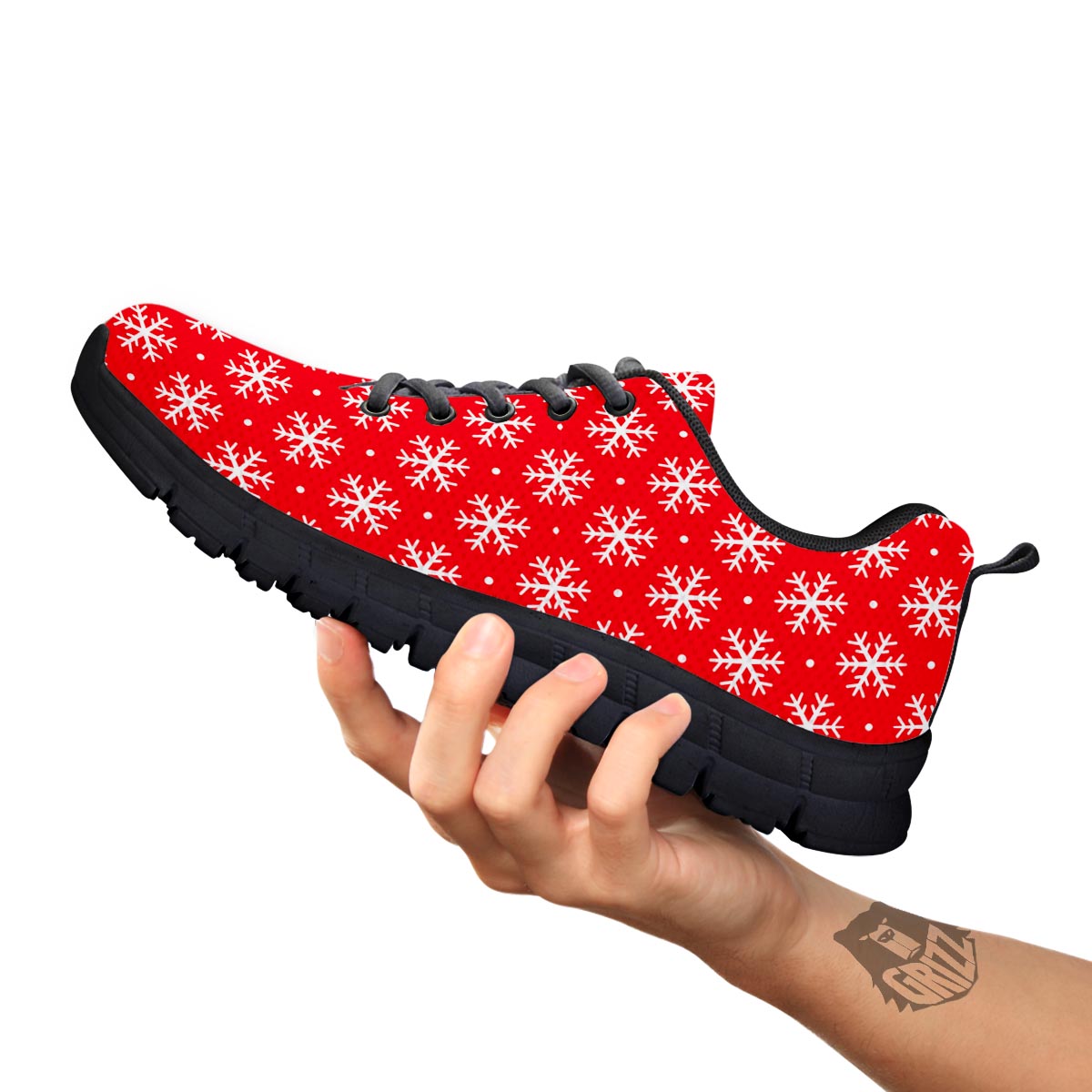 Snowflake White And Red Print Pattern Black Sneaker-grizzshop