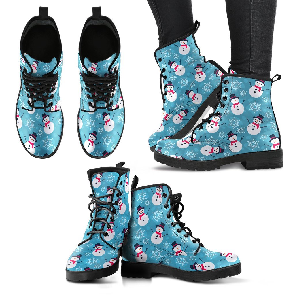 Snowflake Snowman Pattern Print Men Women Leather Boots-grizzshop