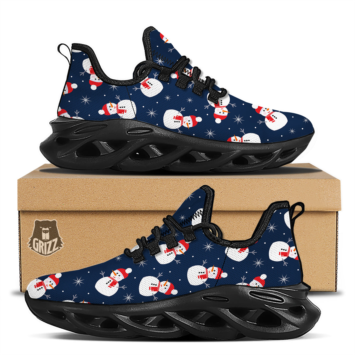 Snowman Print Pattern Black Running Shoes-grizzshop