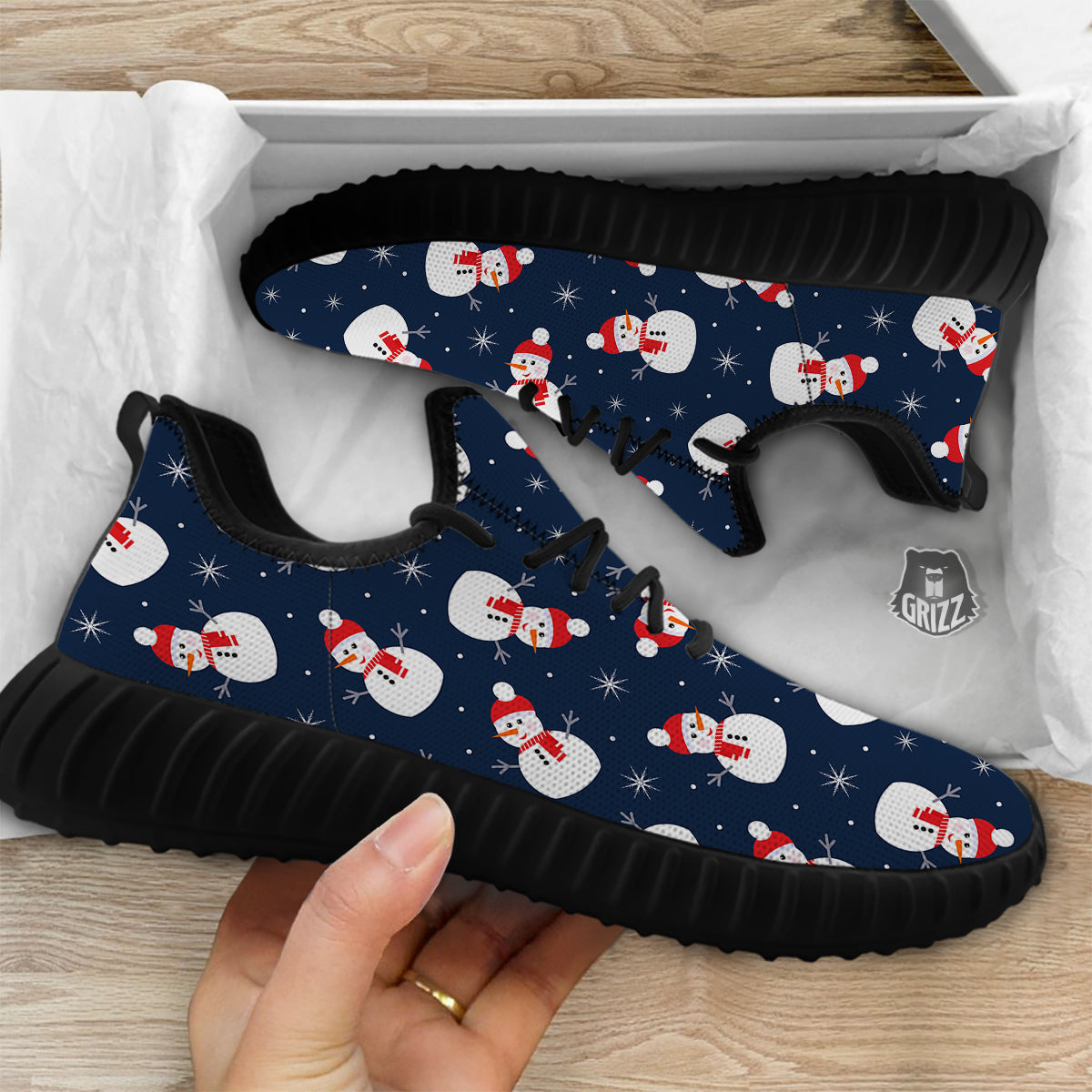Snowman Print Pattern Black Walking Shoes-grizzshop
