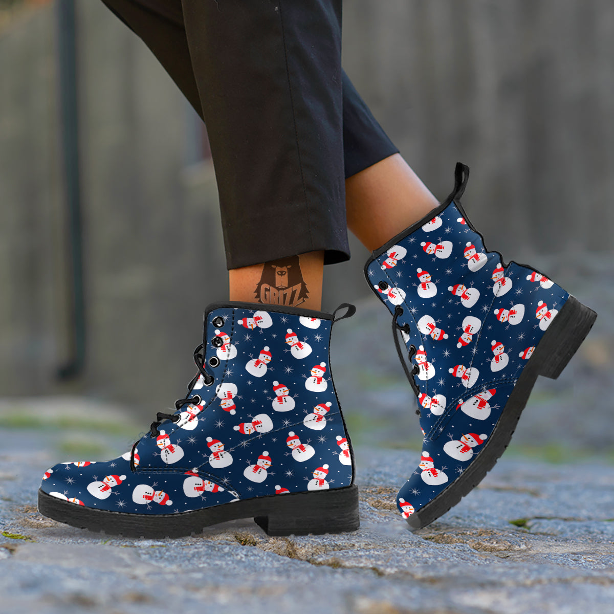Snowman Print Pattern Leather Boots-grizzshop