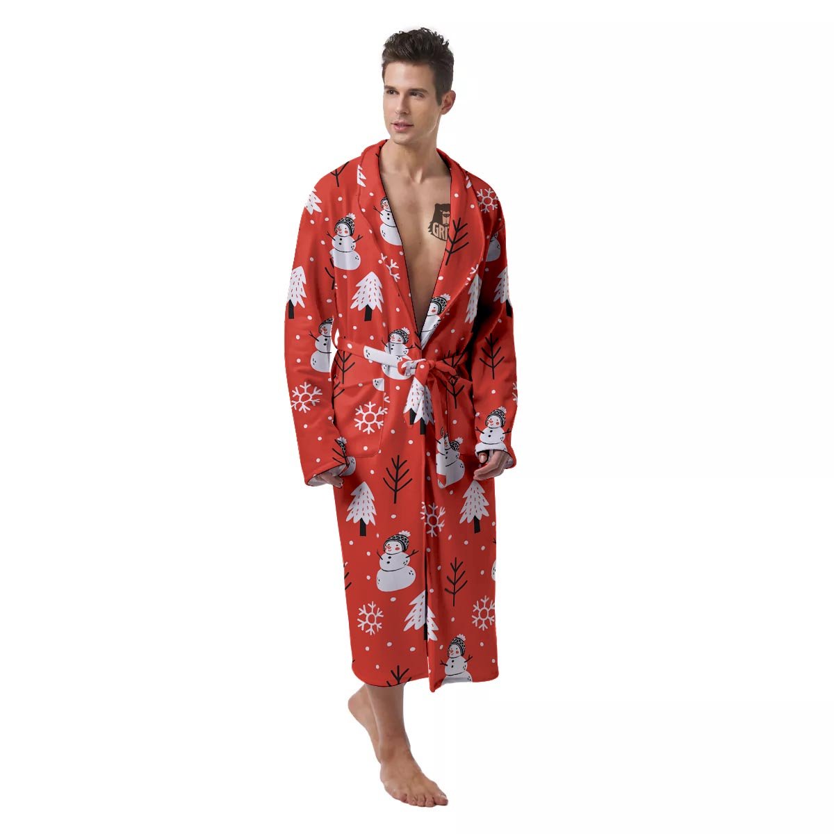 Snowman Red Print Pattern Men's Robe-grizzshop