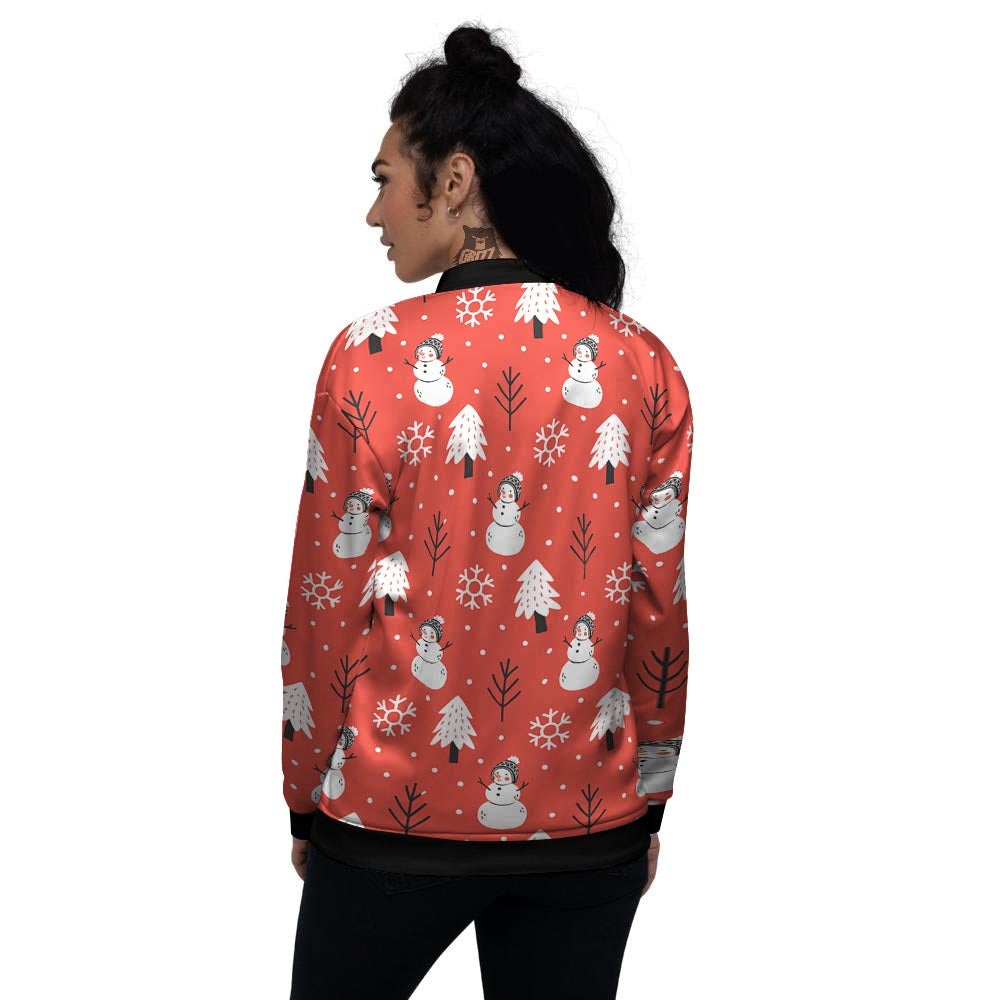 Snowman Red Print Pattern Women's Bomber Jacket-grizzshop