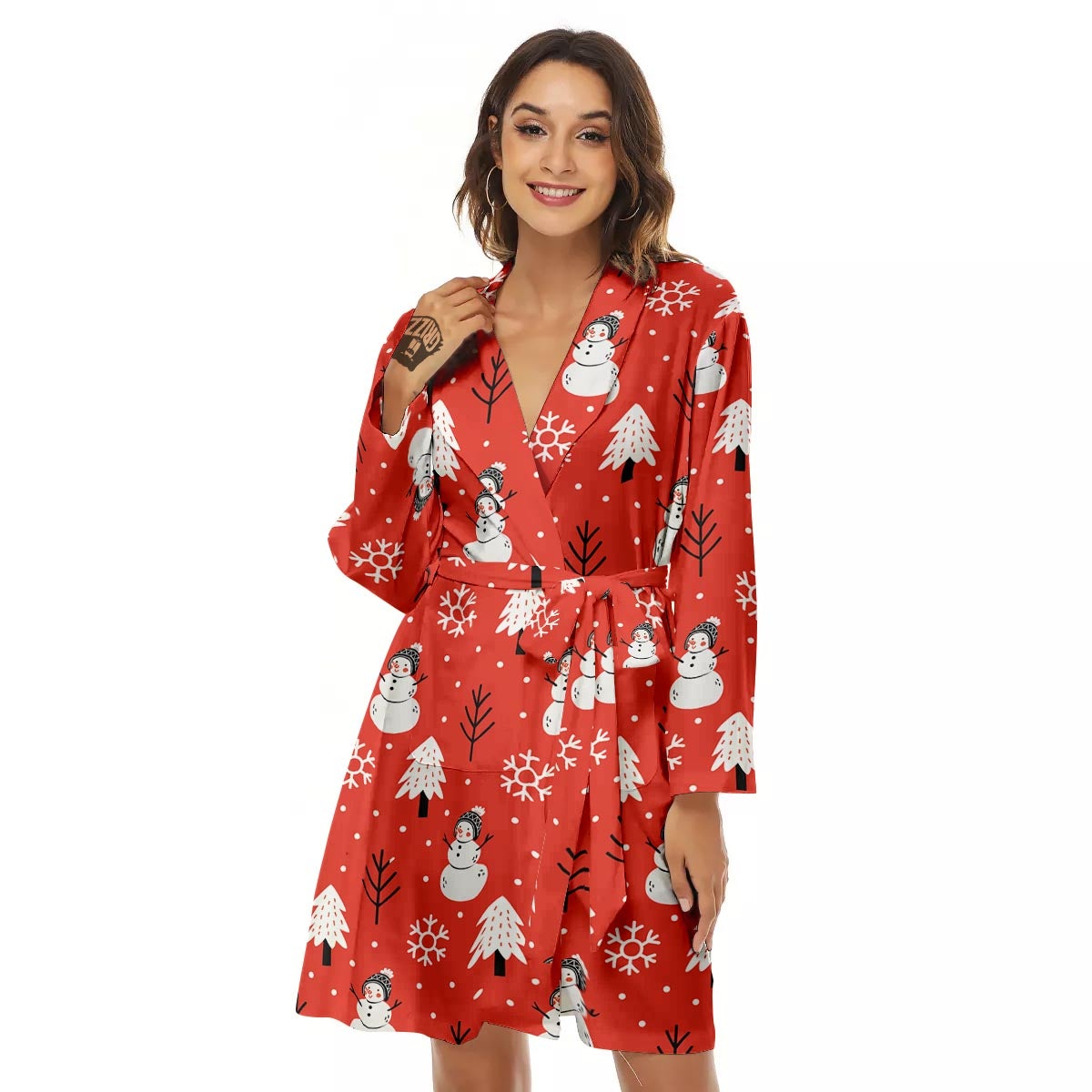 Snowman Red Print Pattern Women's Robe-grizzshop