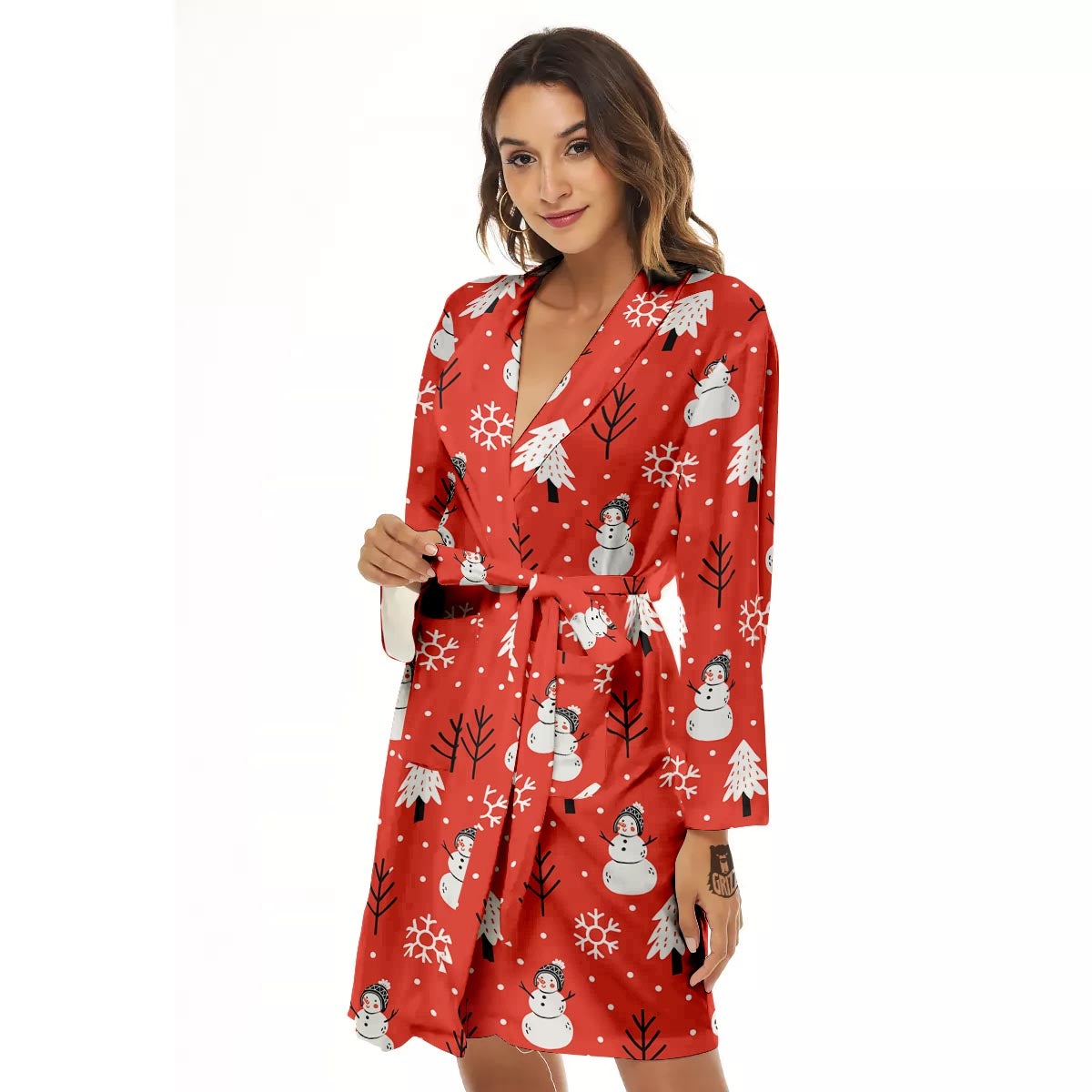 Snowman Red Print Pattern Women's Robe-grizzshop
