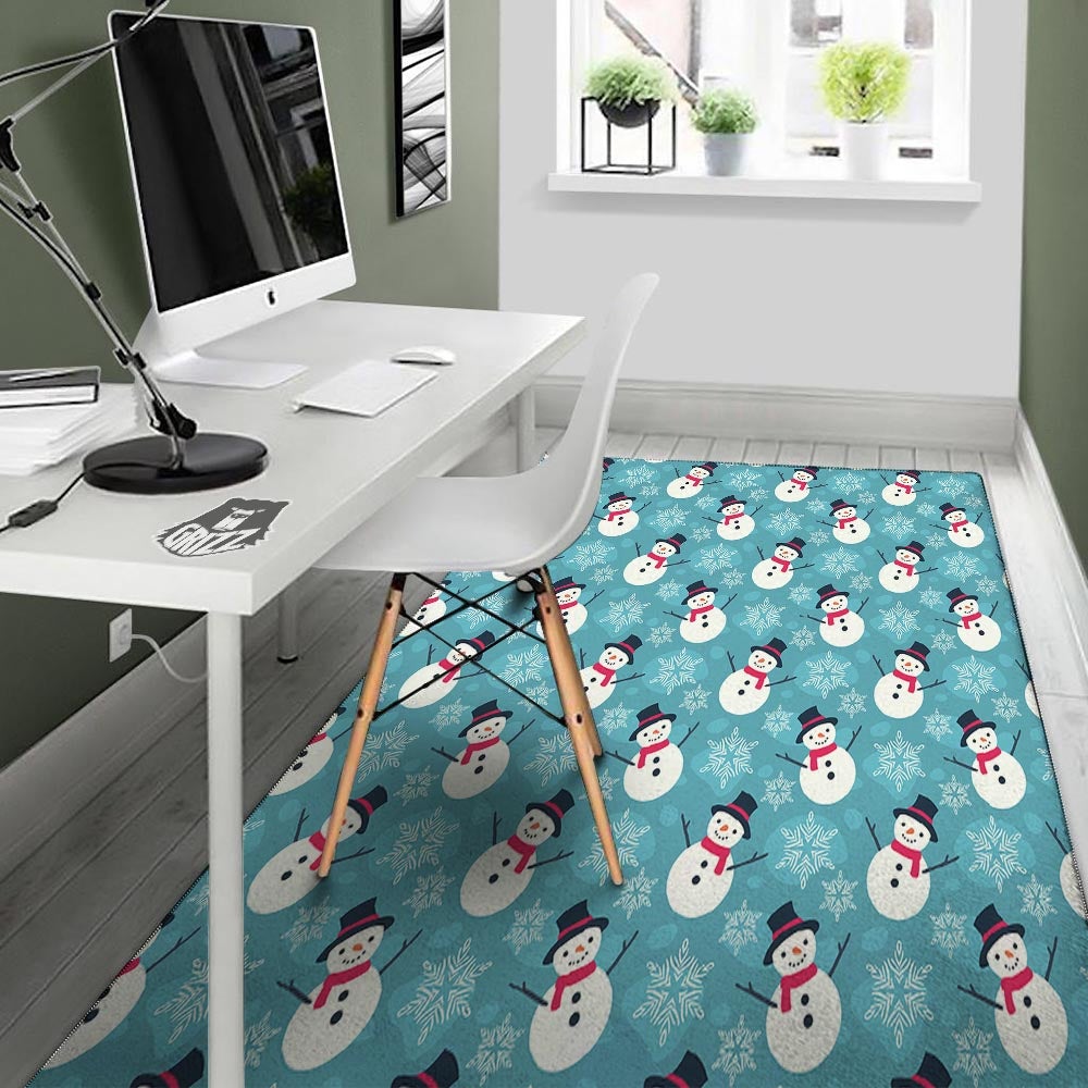 Snowman Teal Print Pattern Floor Mat-grizzshop