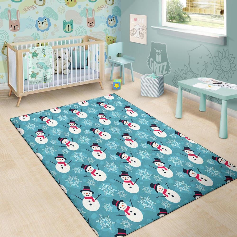Snowman Teal Print Pattern Floor Mat-grizzshop