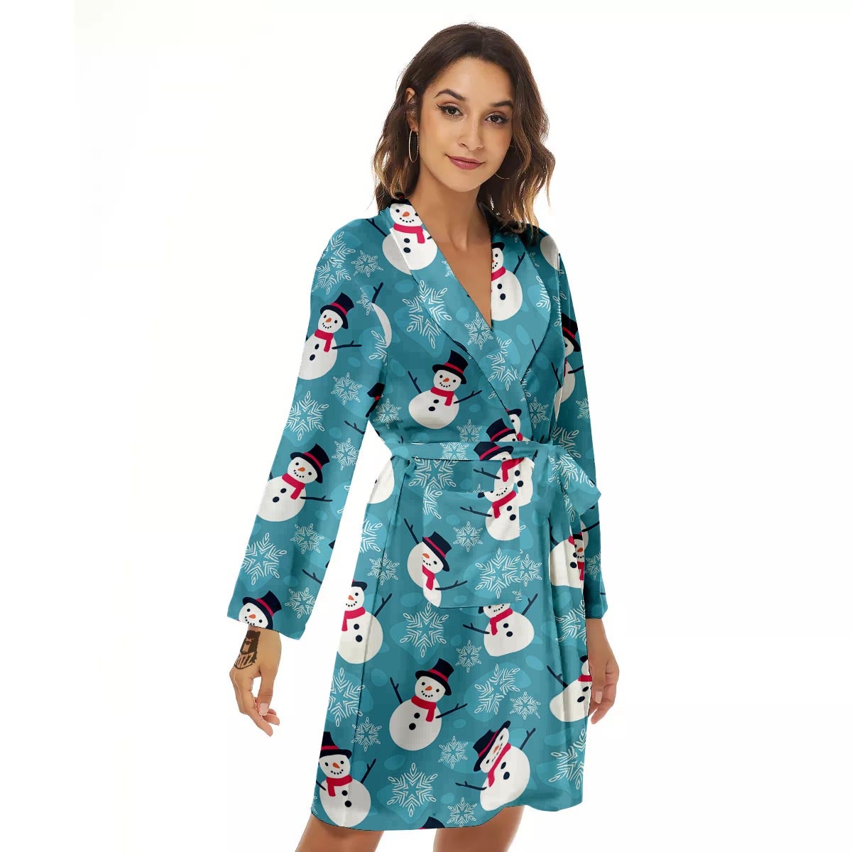 Snowman Teal Print Pattern Women's Robe-grizzshop