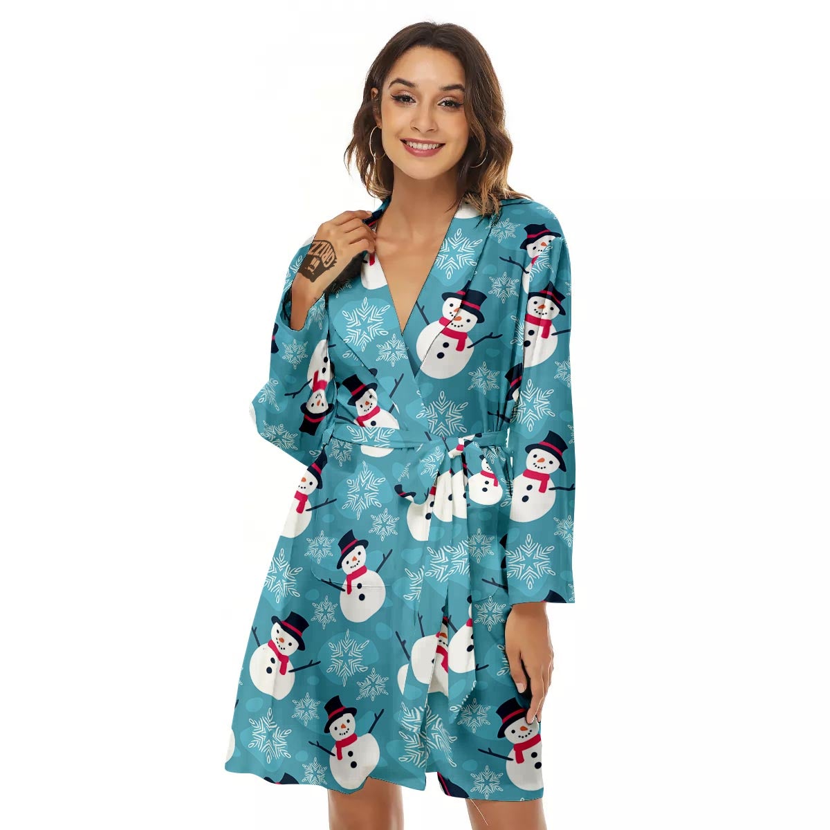Snowman Teal Print Pattern Women's Robe-grizzshop