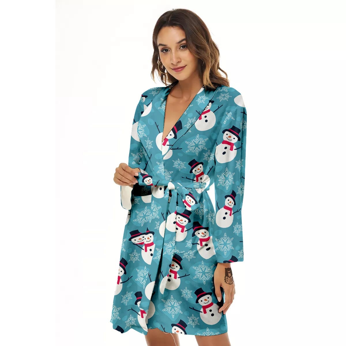 Snowman Teal Print Pattern Women's Robe-grizzshop