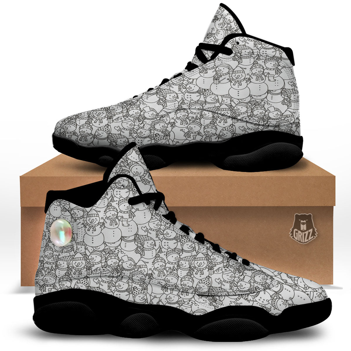 Snowman White And Black Print Pattern Black Basketball Shoes-grizzshop