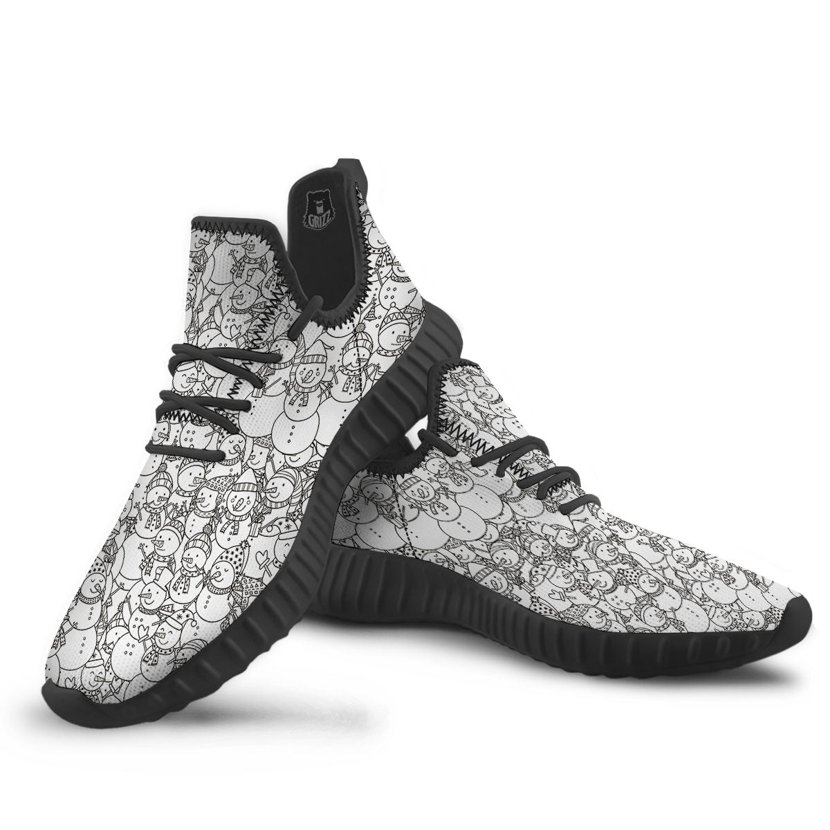 Snowman White And Black Print Pattern Black Walking Shoes-grizzshop