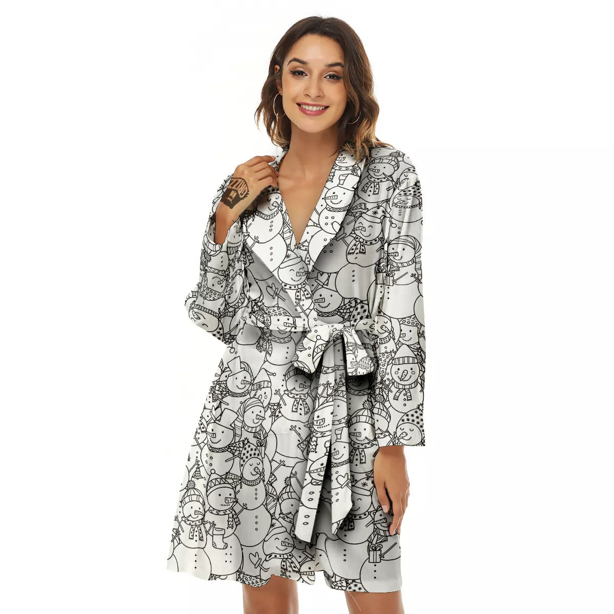 Snowman White And Black Print Pattern Women's Robe-grizzshop