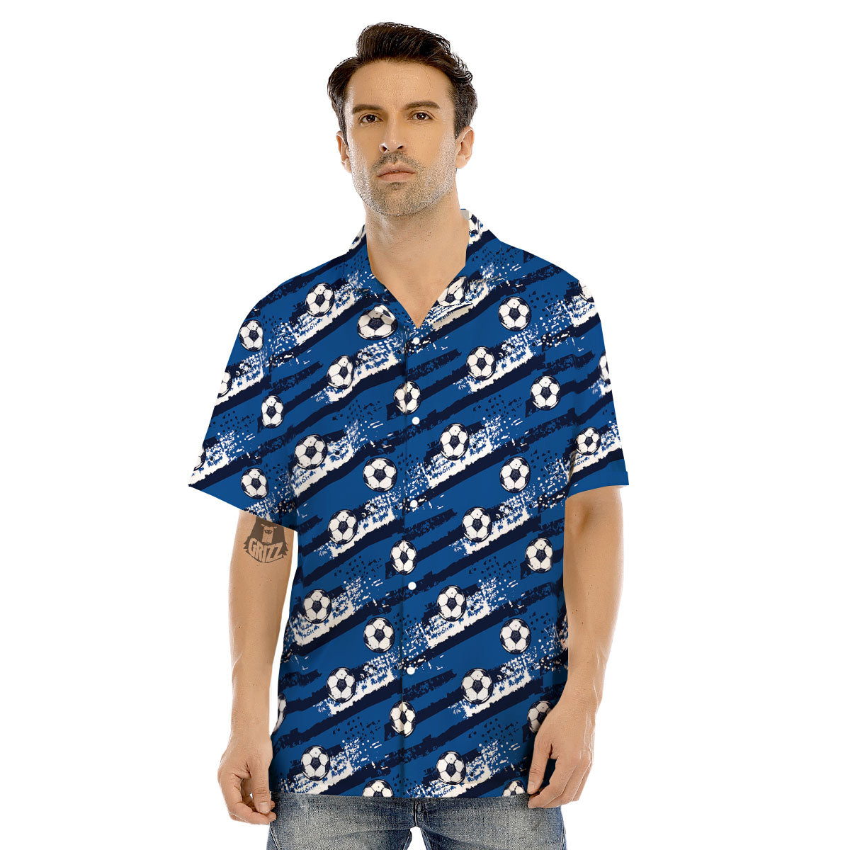 Soccer Ball Blue Print Pattern Men's Hawaiian Shirt-grizzshop
