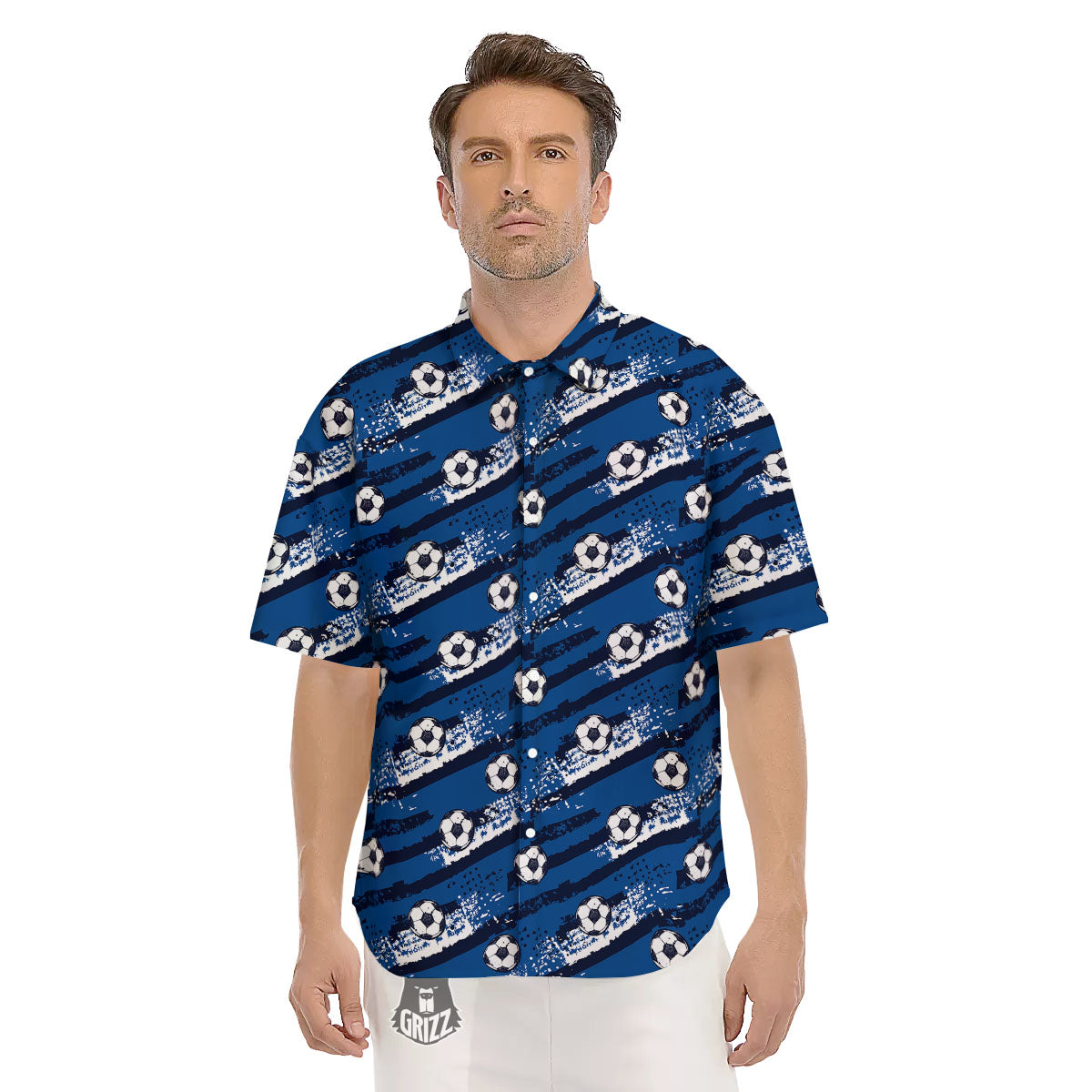 Soccer Ball Blue Print Pattern Men's Short Sleeve Shirts-grizzshop
