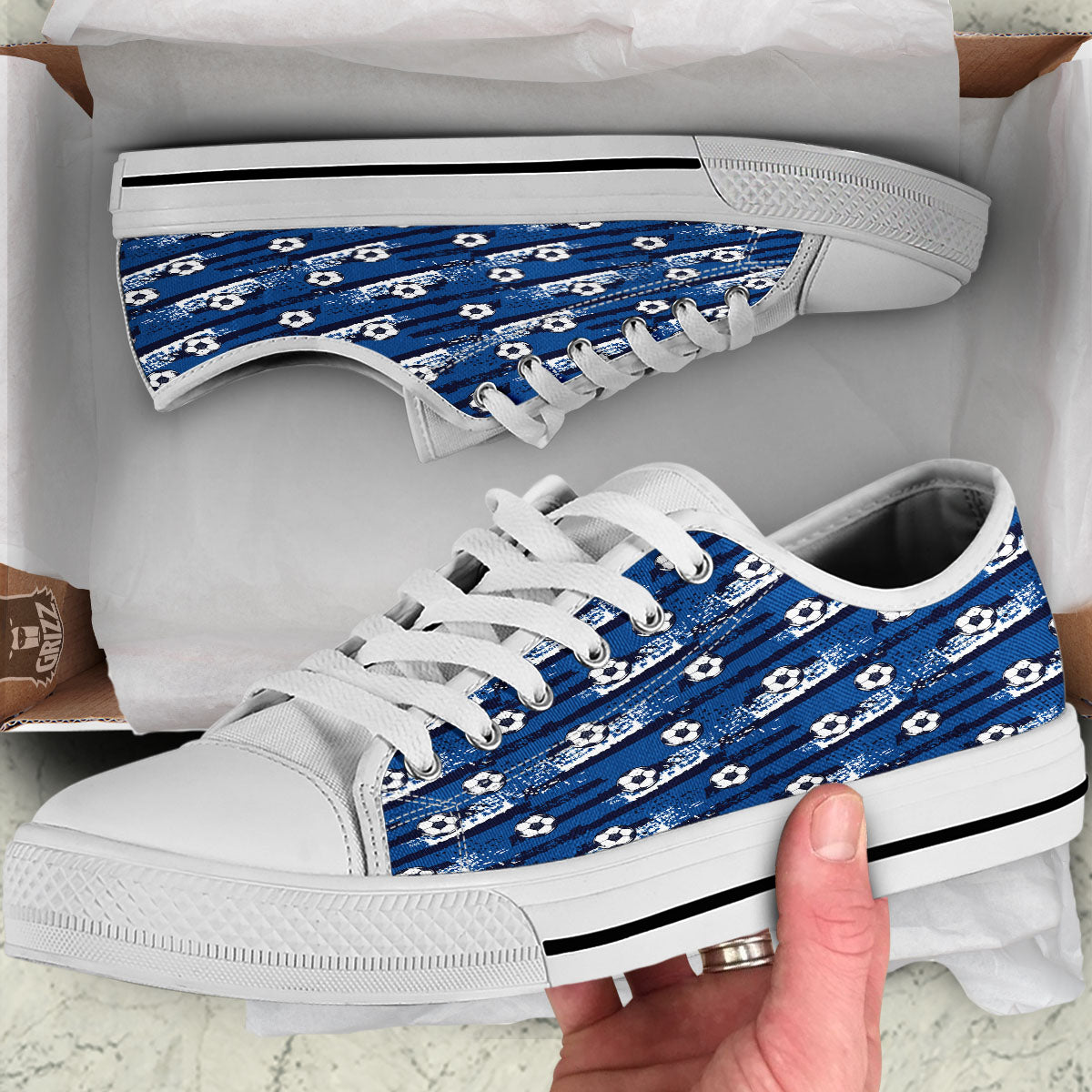 Soccer Ball Blue Print Pattern White Low Top Shoes-grizzshop
