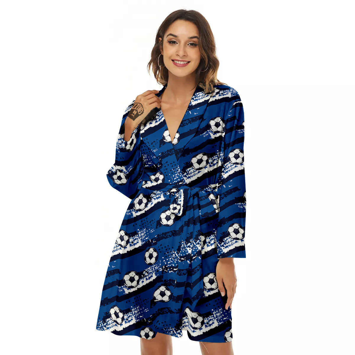 Soccer Ball Blue Print Pattern Women's Robe-grizzshop