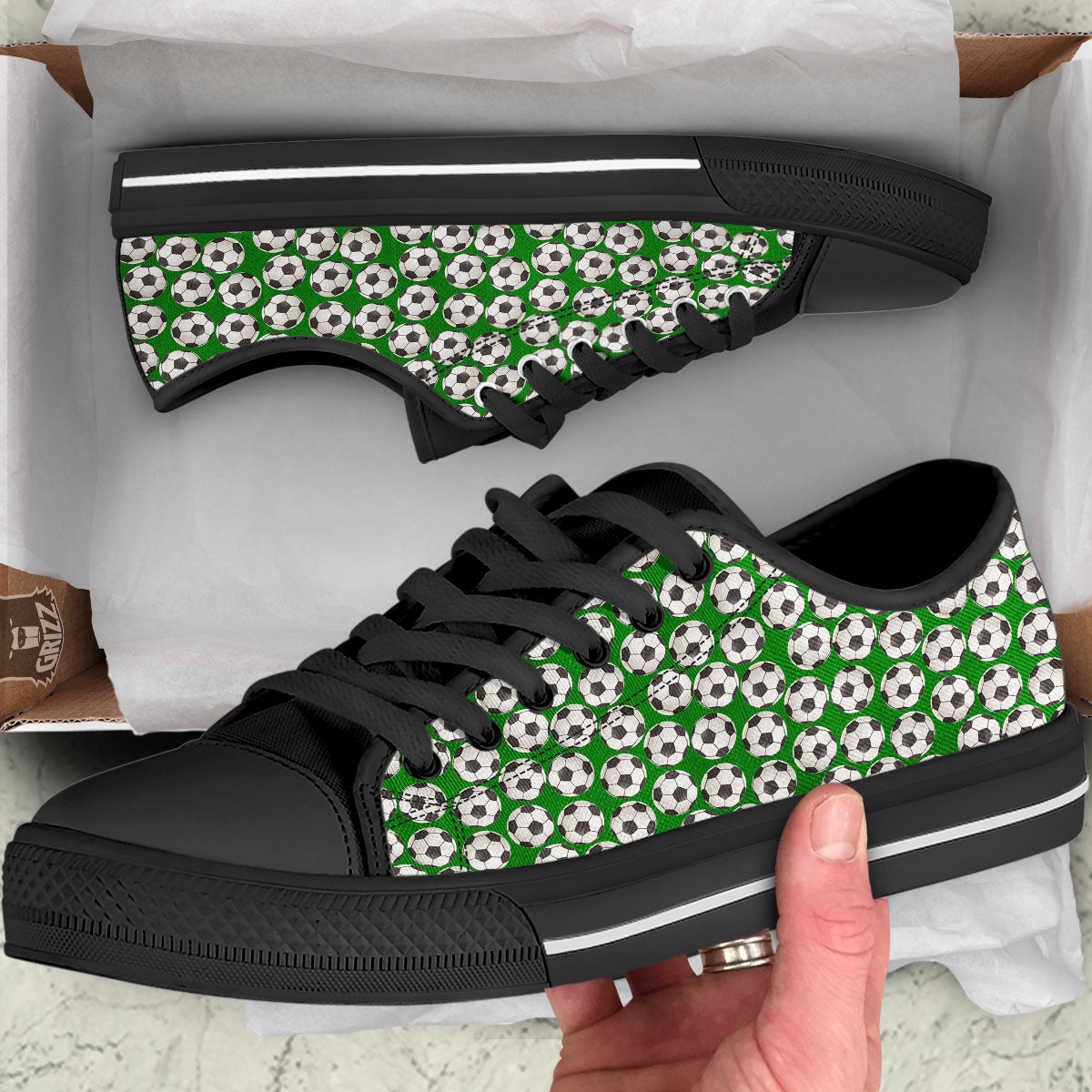 Soccer Ball Green Print Pattern Black Low Top Shoes-grizzshop