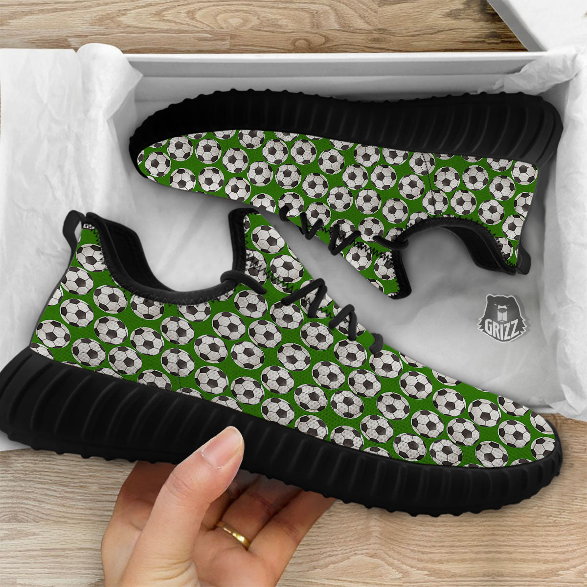 Soccer Ball Green Print Pattern Black Walking Shoes-grizzshop