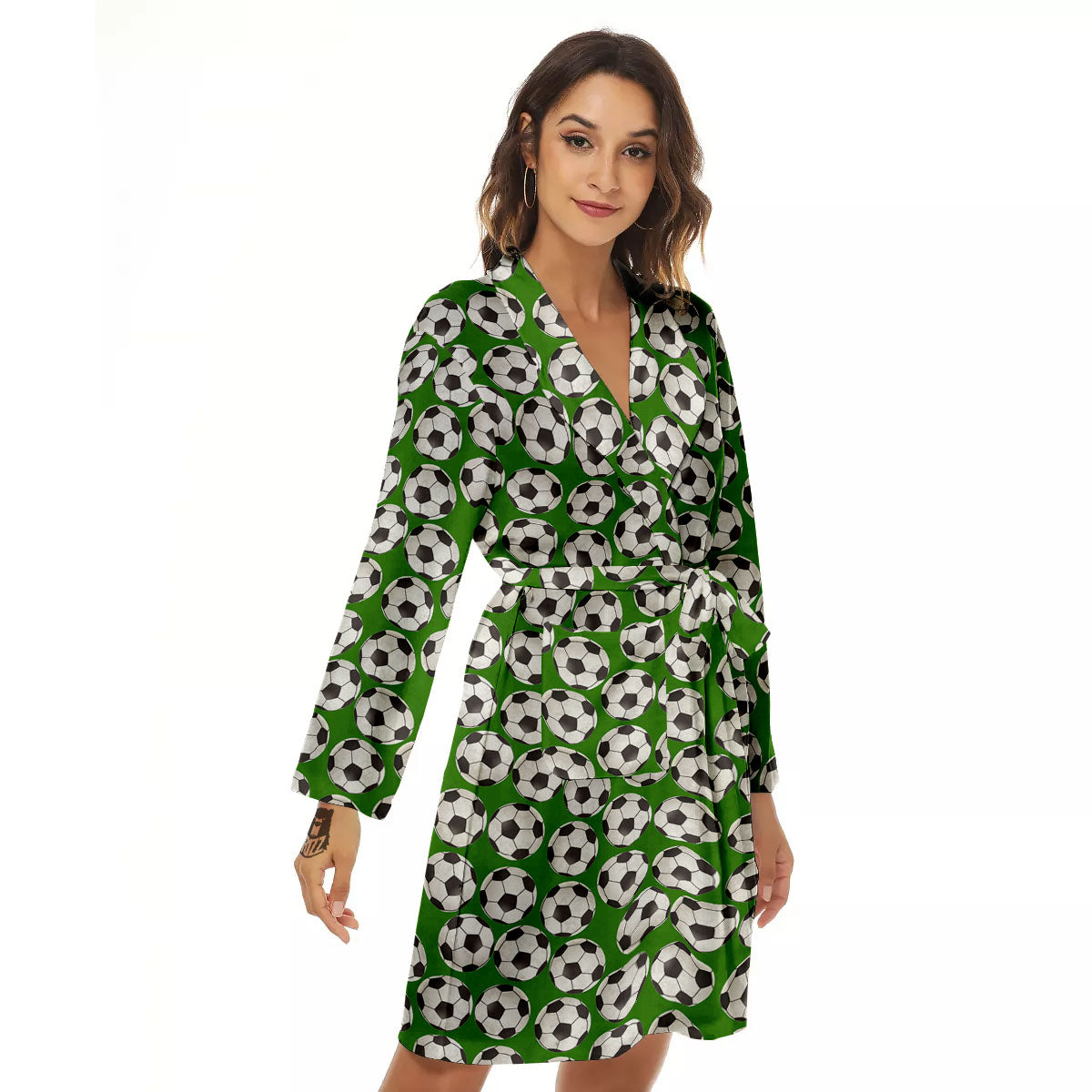 Soccer Ball Green Print Pattern Women's Robe-grizzshop