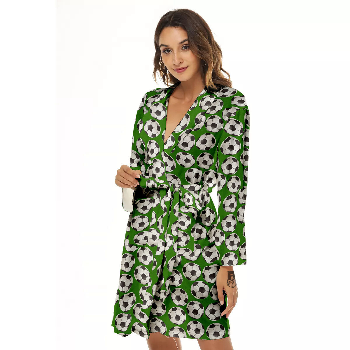Soccer Ball Green Print Pattern Women's Robe-grizzshop