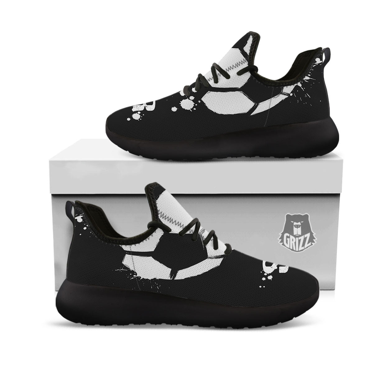 Soccer Ball White And Black Print Black Athletic Shoes-grizzshop