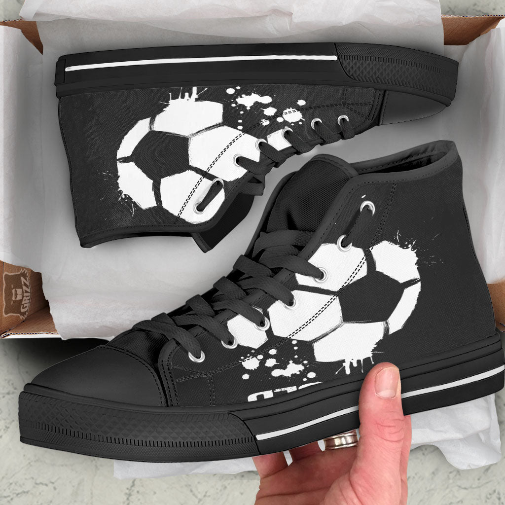Soccer Ball White And Black Print Black High Top Shoes-grizzshop